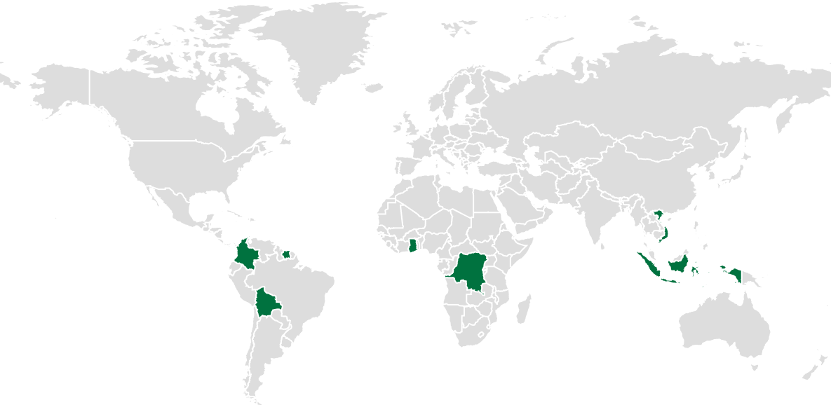 een kaart van de aarde met de landen waar Tropenbos international werkt